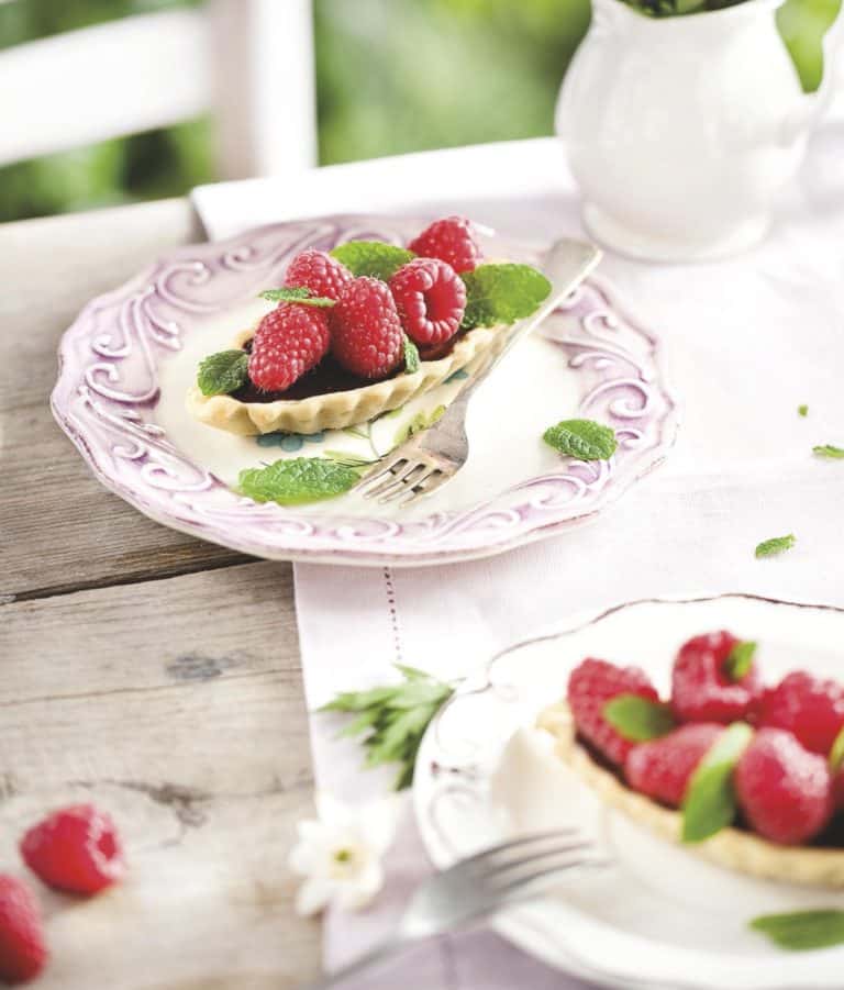 Chocoladetaartje met munt en frambozen