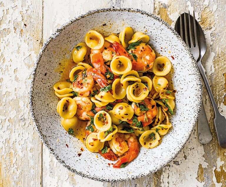 Orecchiette met olijfolie en garnalen