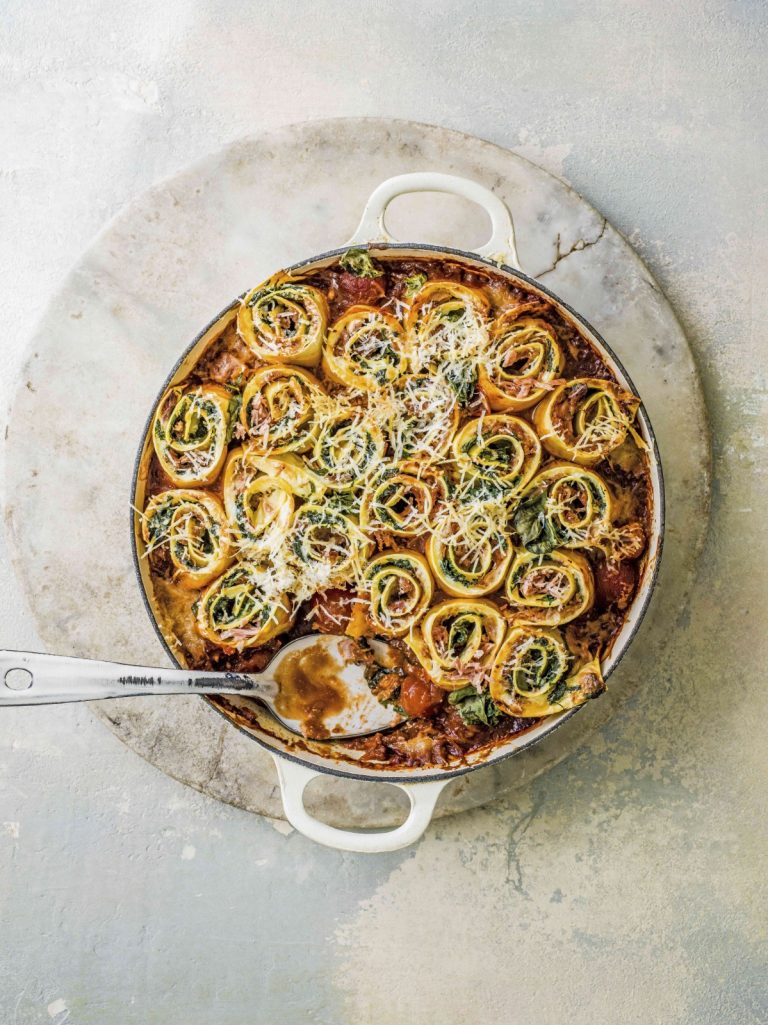 Pastarolletjes met spinazie, mascarpone en pulled pork