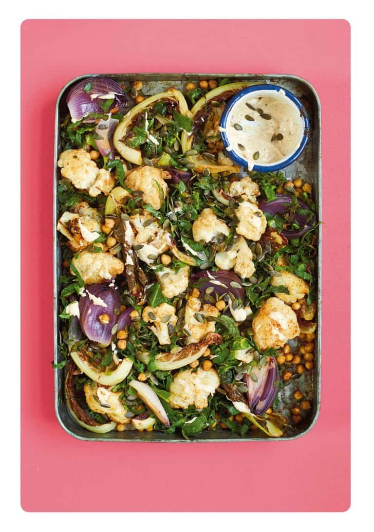 Bloemkool met kikkererwten & splijtkool uit de oven