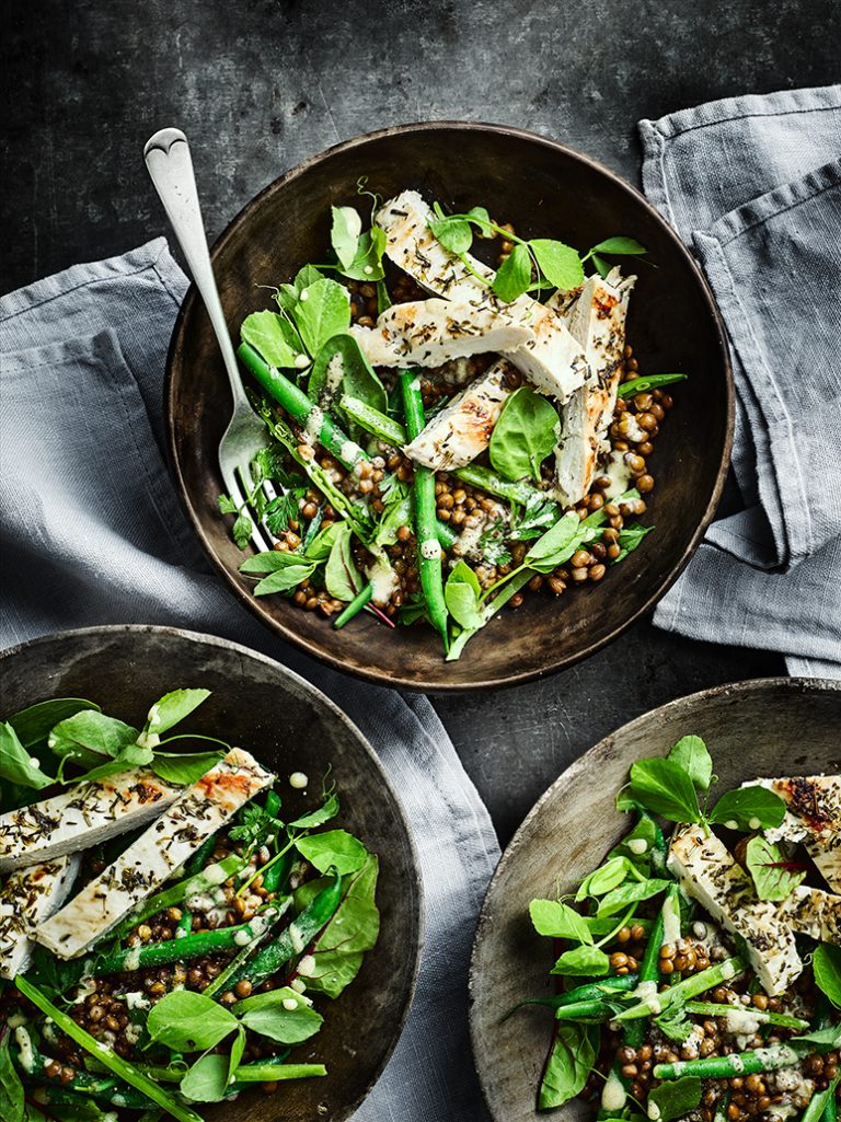Gegrilde kip met mosterdlinzen