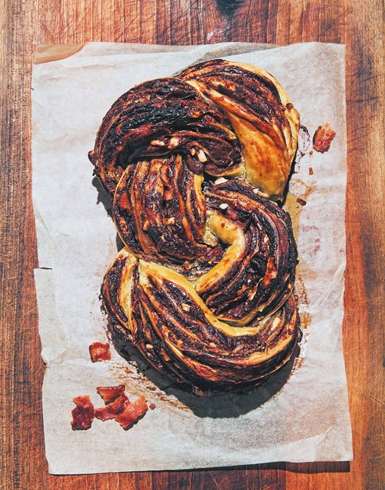 Chocohazelnootkrul met uitgebakken spek