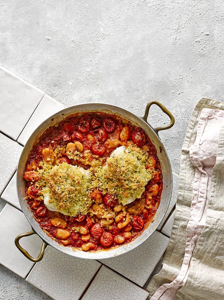 Kabeljauw met bonen en tomaat uit de oven
