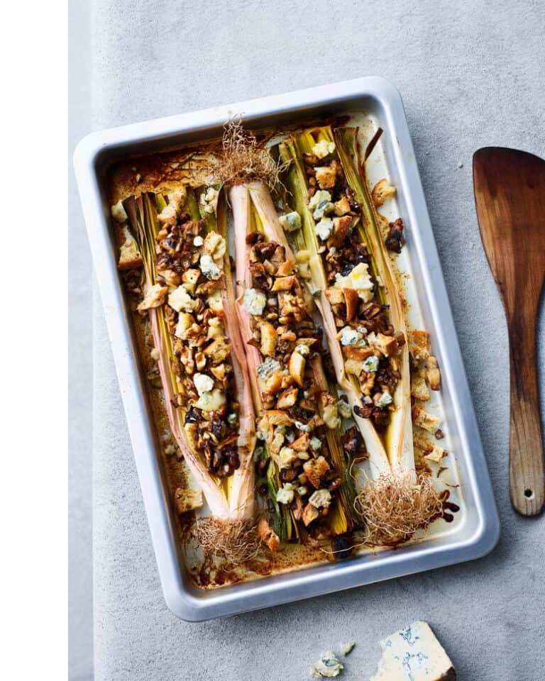 Gevulde prei met champignons en blauwe kaas