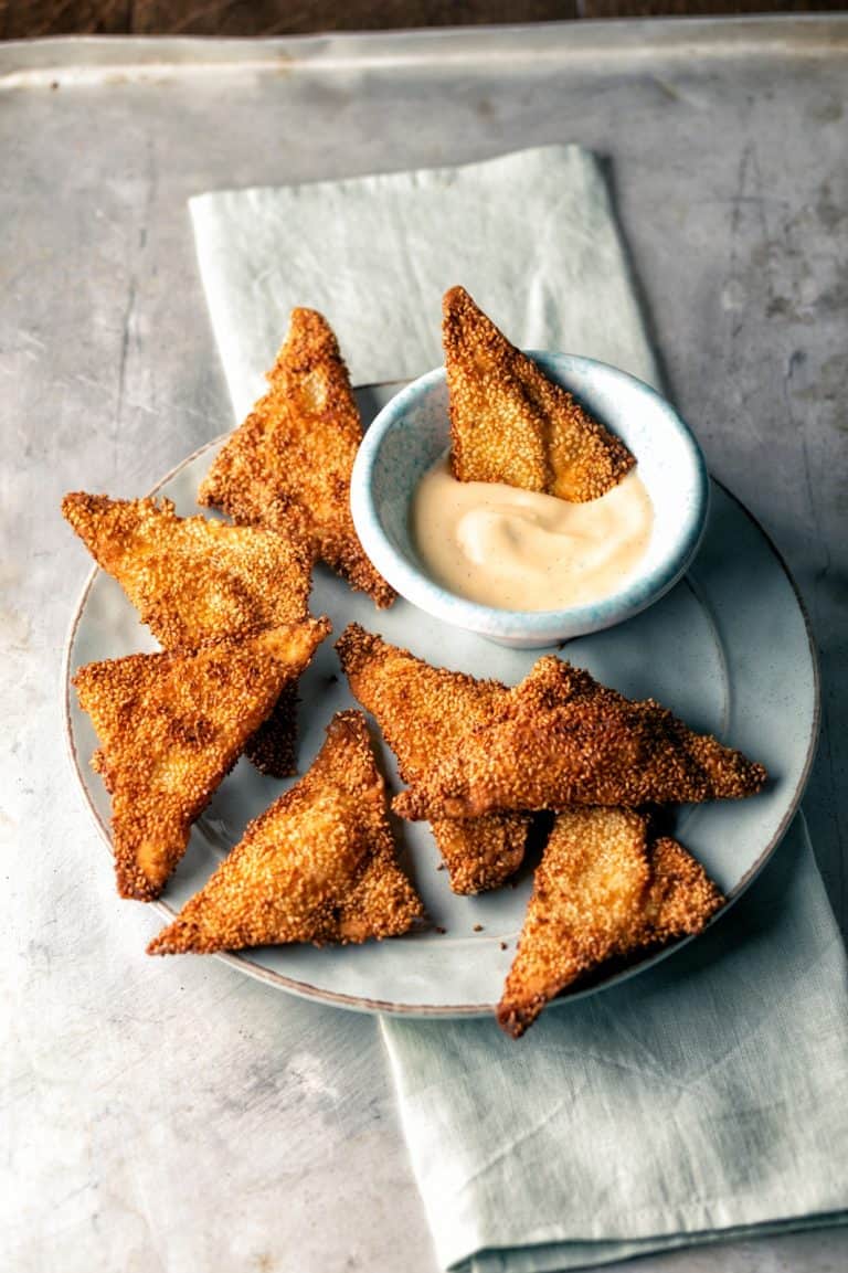 Appeldumplings met sesam en steranijscustard
