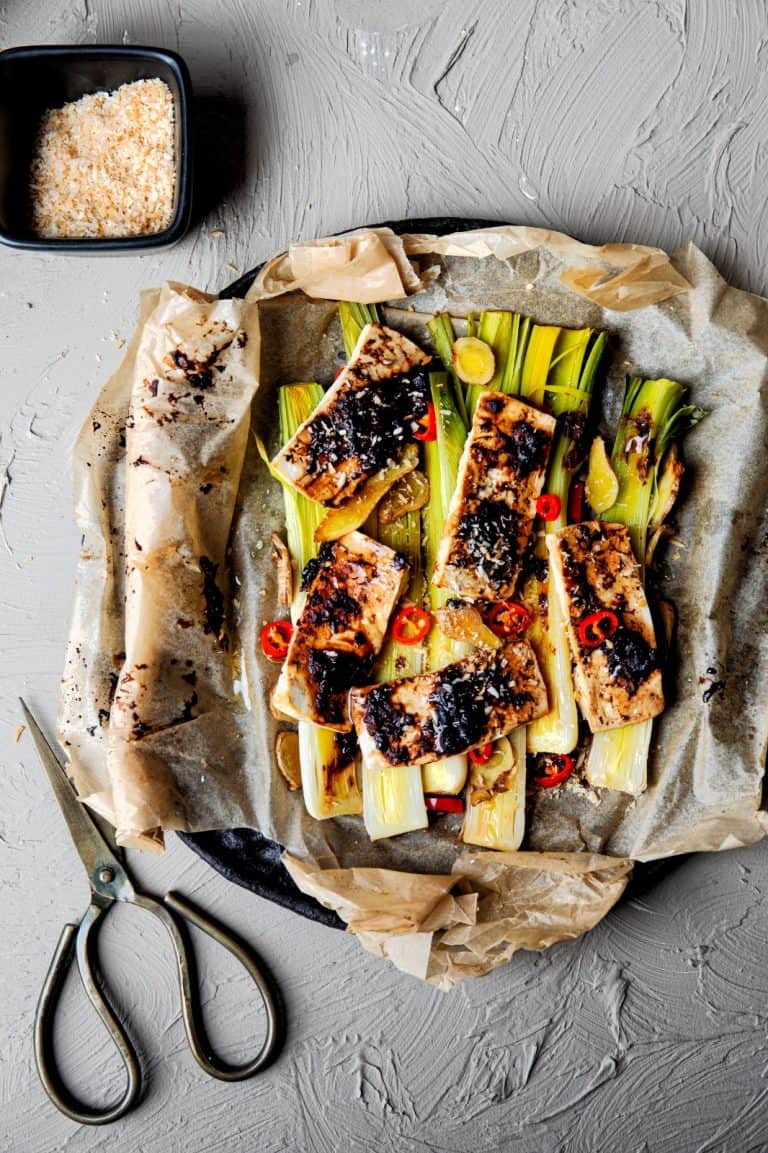 Prei met tofu, gember en kokos
