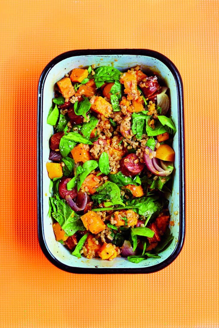 Spelt met chorizo, zoete aardappel & spinazie