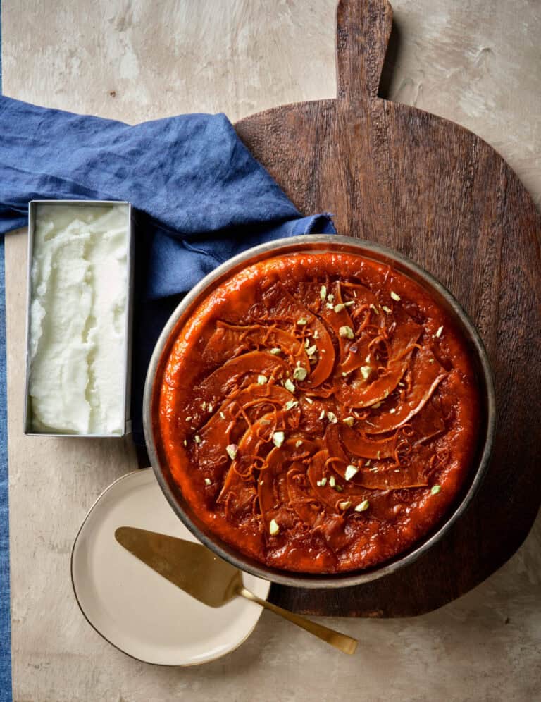 Pompoen-tarte tatin met karnemelksorbet