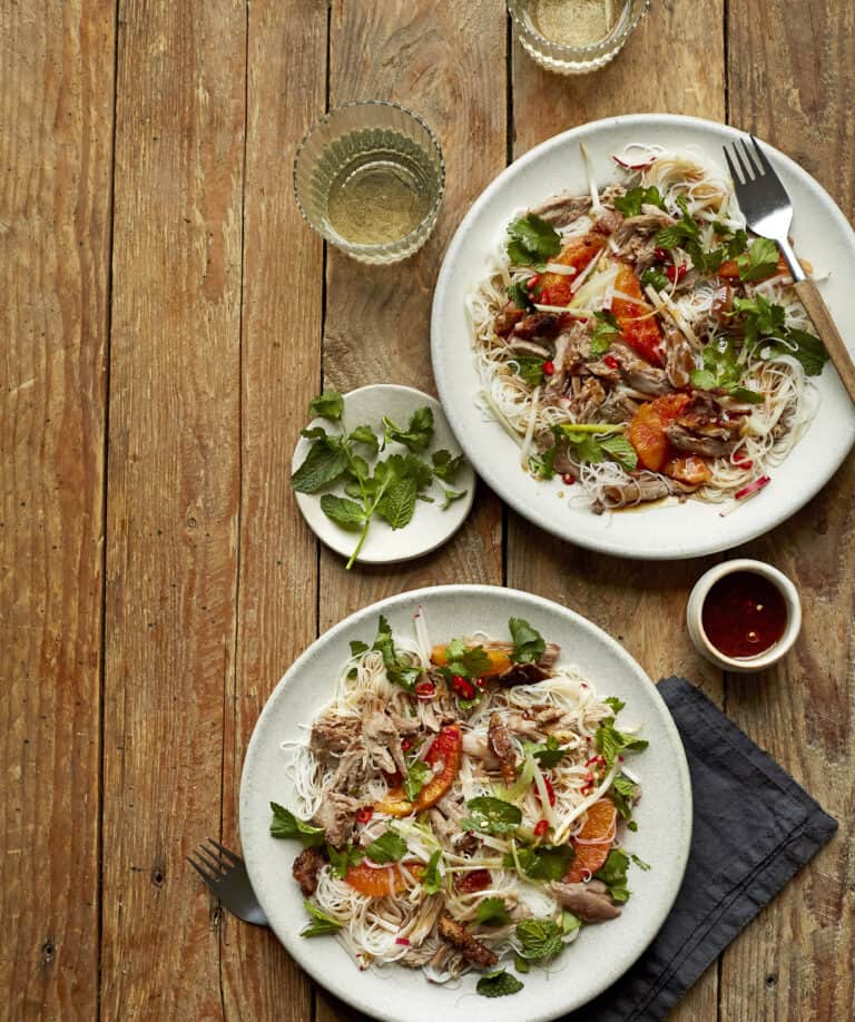Noedelsalade met eend en bloedsinaasappel