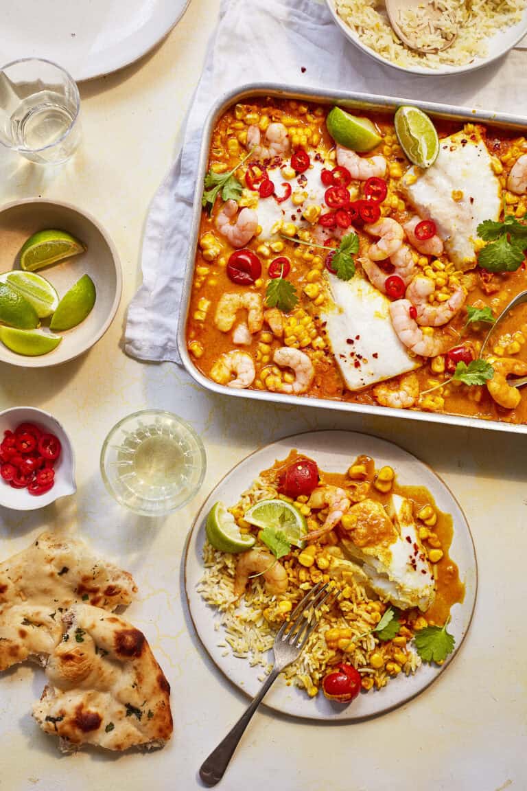 Curry met mais, kabeljauw en garnalen