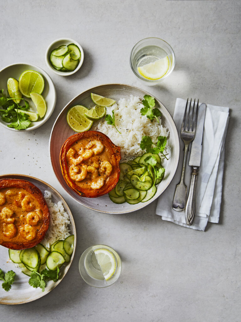 Pompoen met currygarnalen