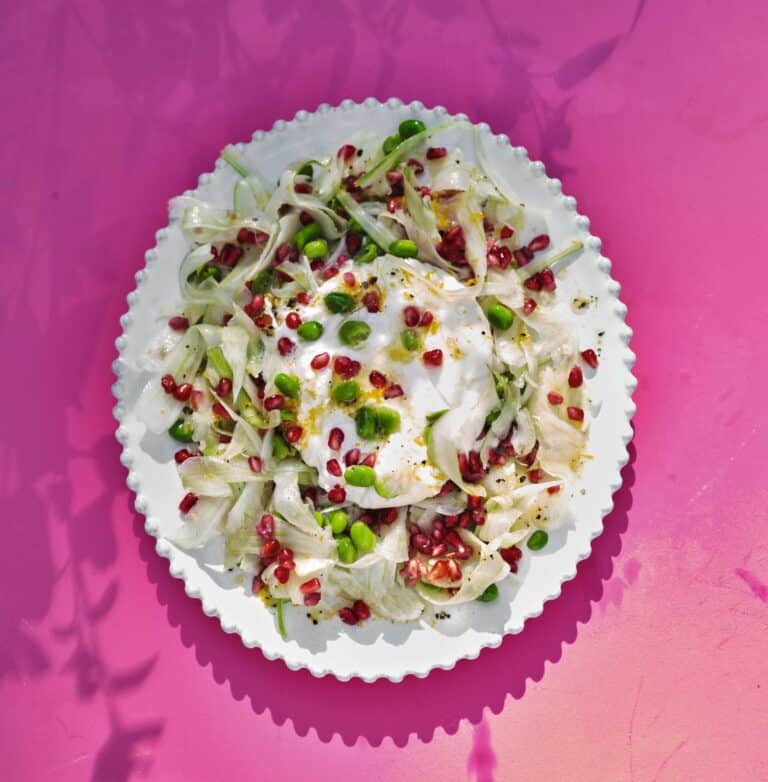 Venkel met burrata, tuinbonen & granaatappel