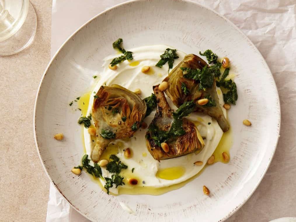 Artisjokharten met opgeklopte ricotta en gremolata