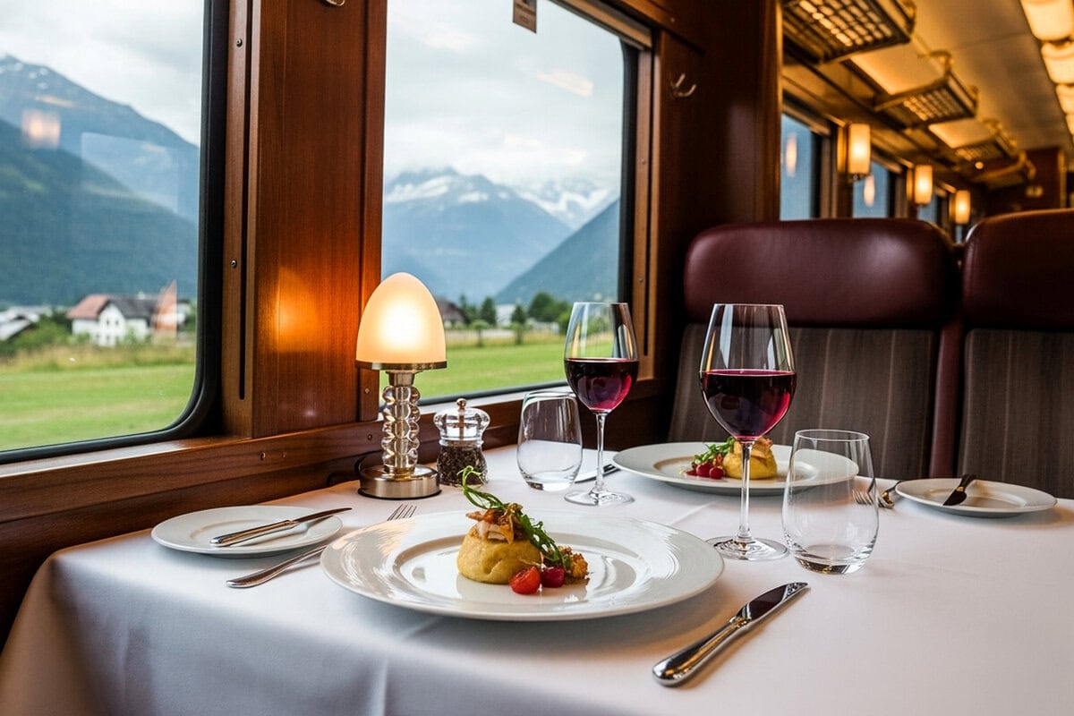 Luxe diner in een trein, met uitzicht op bergen