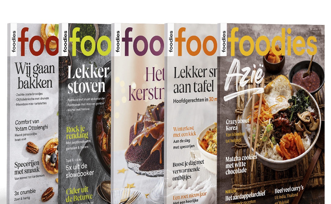 Vijf magazines van Foodies Magazine op een rijtje