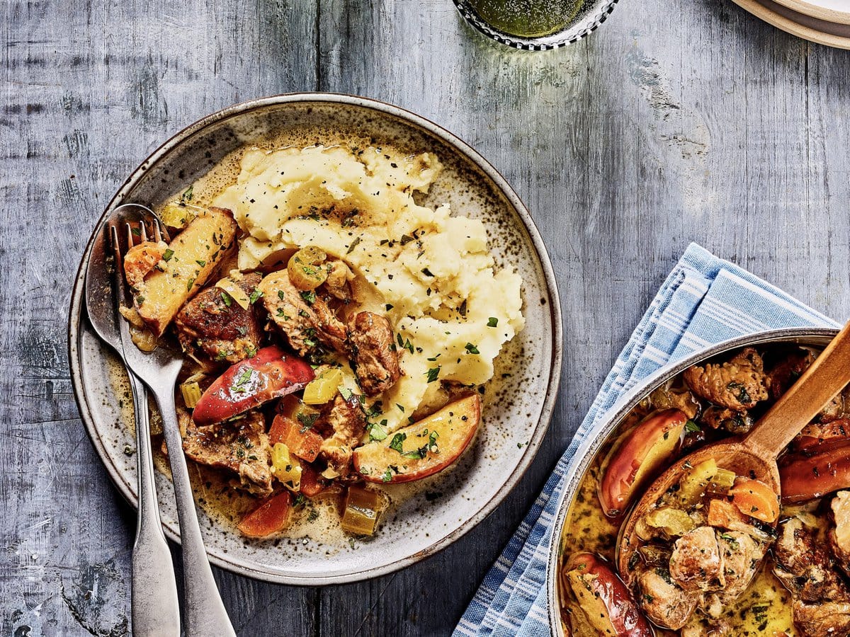 Aardappelpuree met procureur, cider en appel.