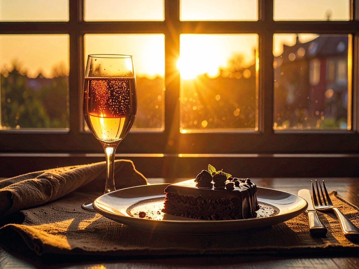 Chocoladetaart en glas sparkling bubbels met zonsondergang