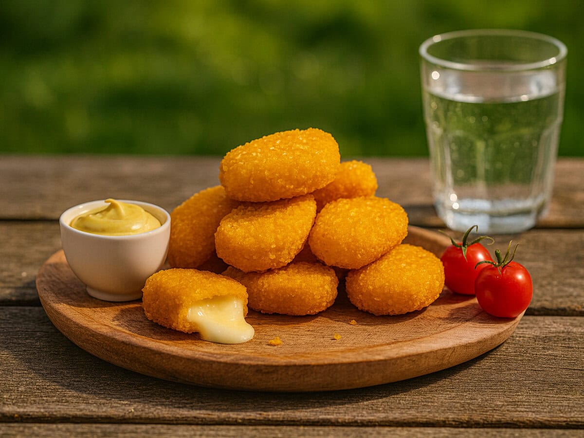 Vivera kaasnuggets op bord met saus en glas water