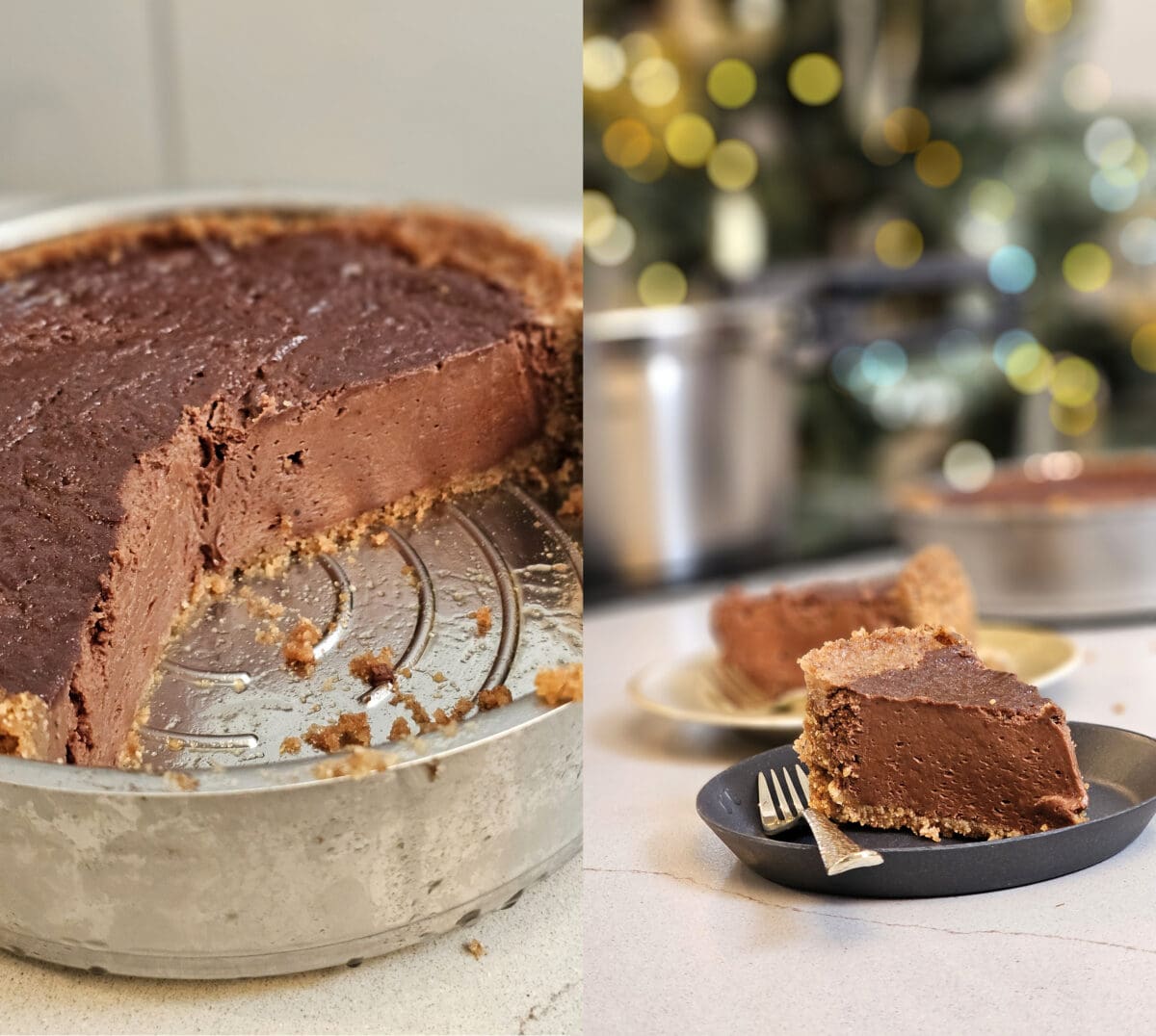 Chocoladecheesecake met biscuitbodem in vorm en op een bordje