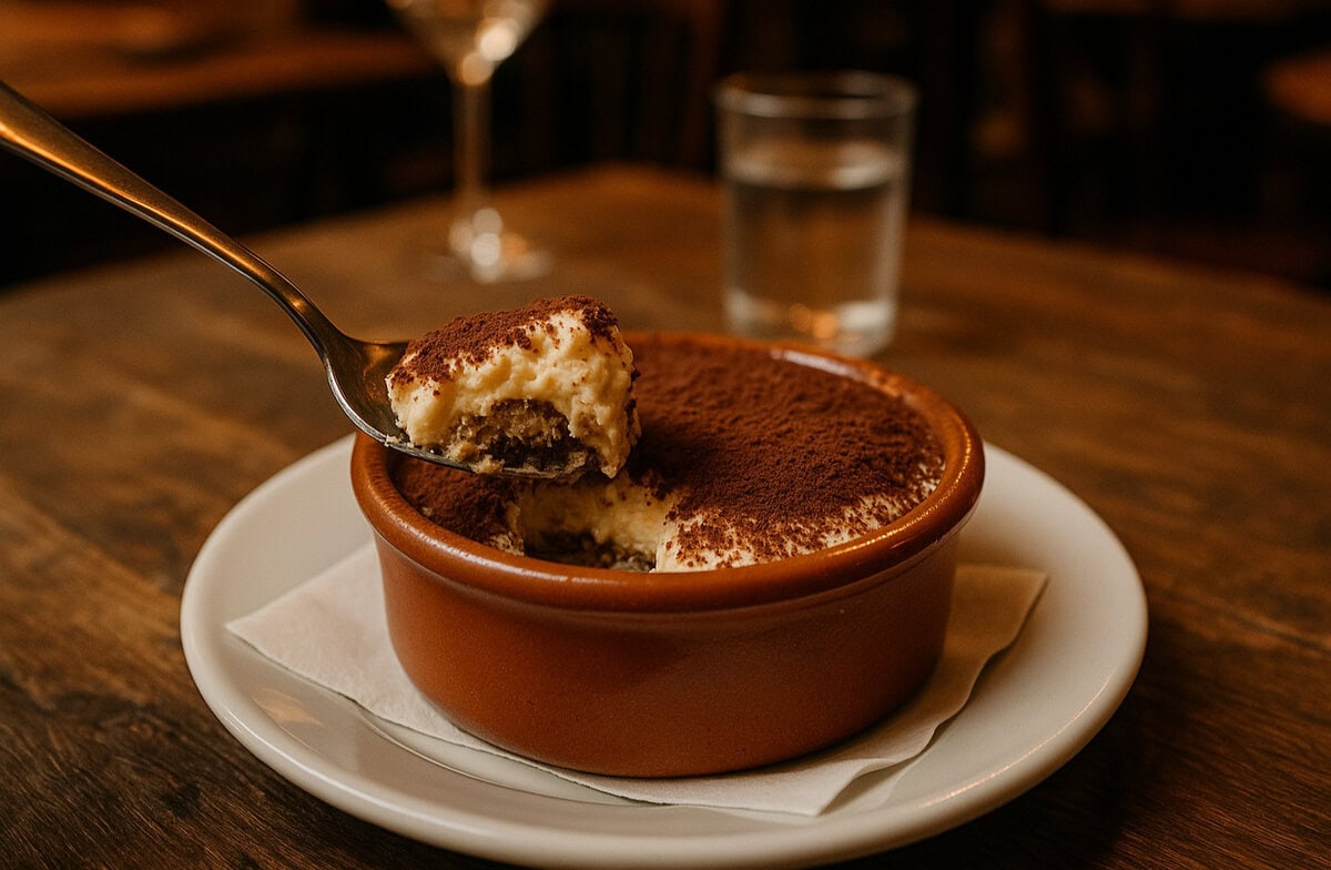 Tiramisu op een houten tafel bij een restaurant