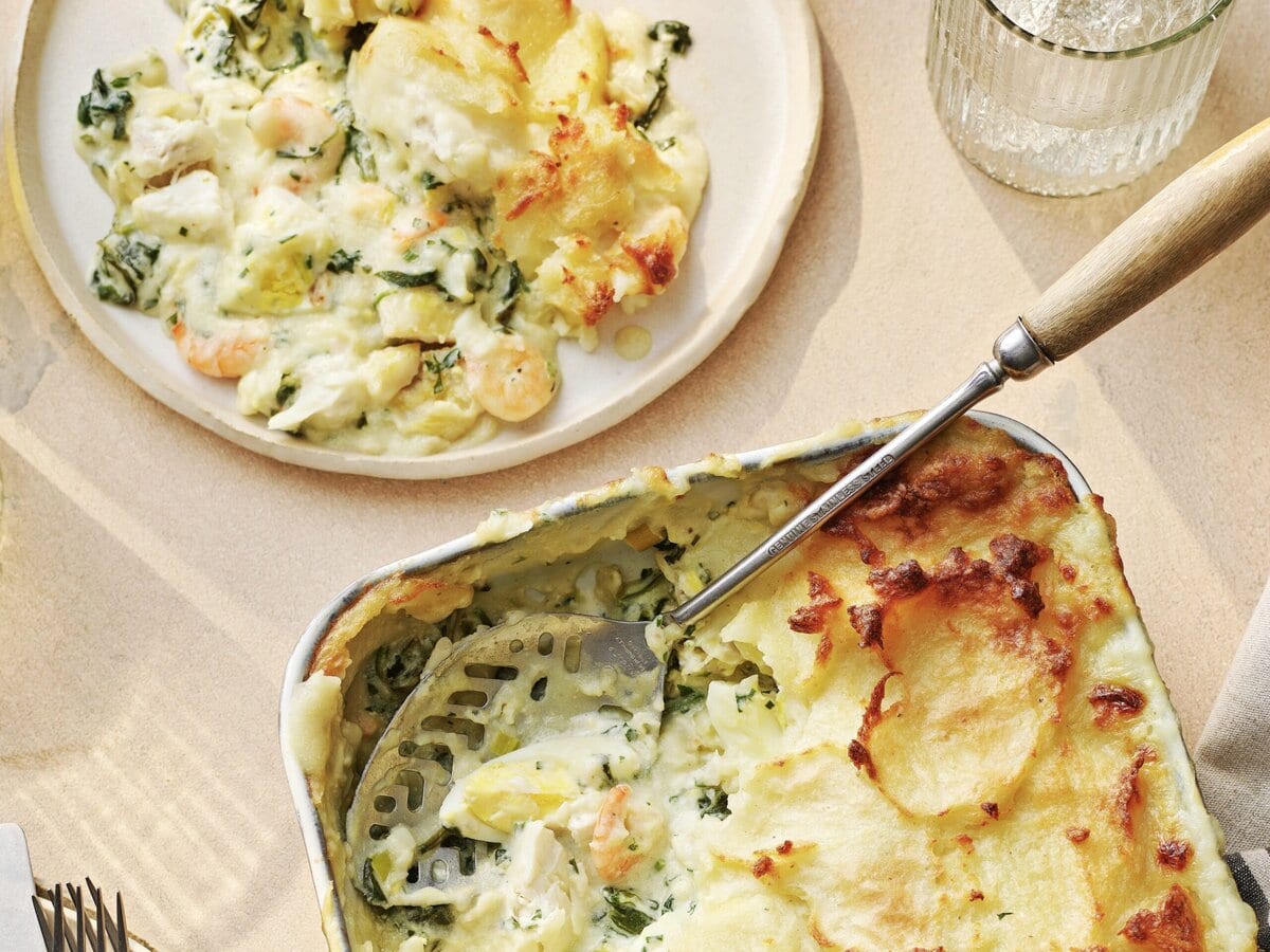 Vis Florentine ovenschotel met aardappel, witvis, garnaal en spinazie