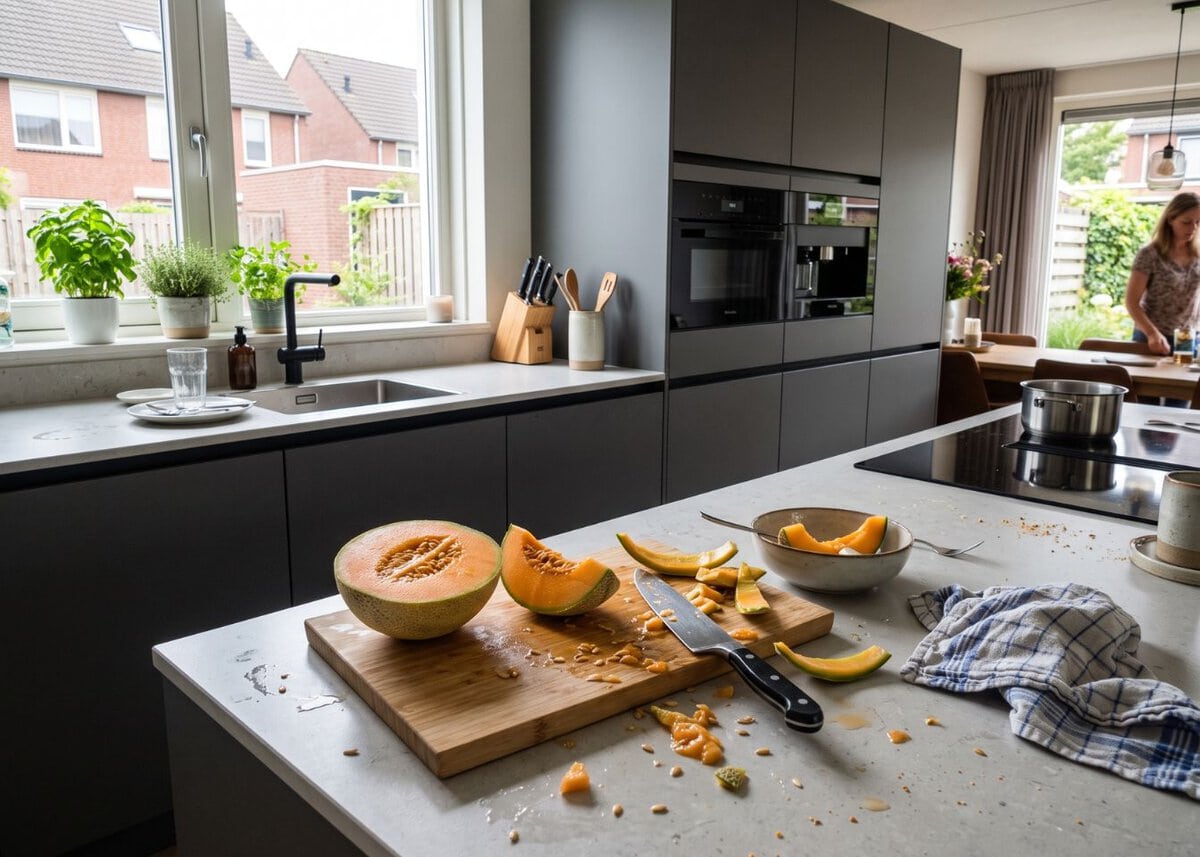 Aangesneden meloen op het aanrecht