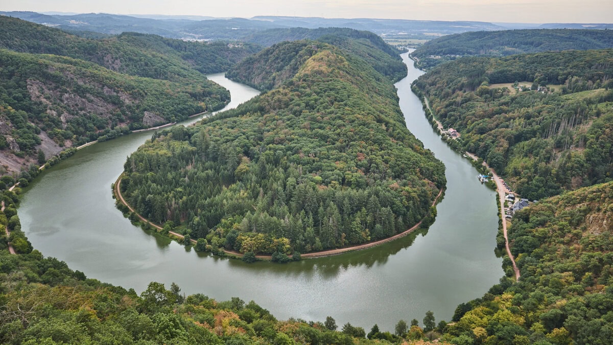 Uitzicht over de Saarschleife en het bos in Saarland